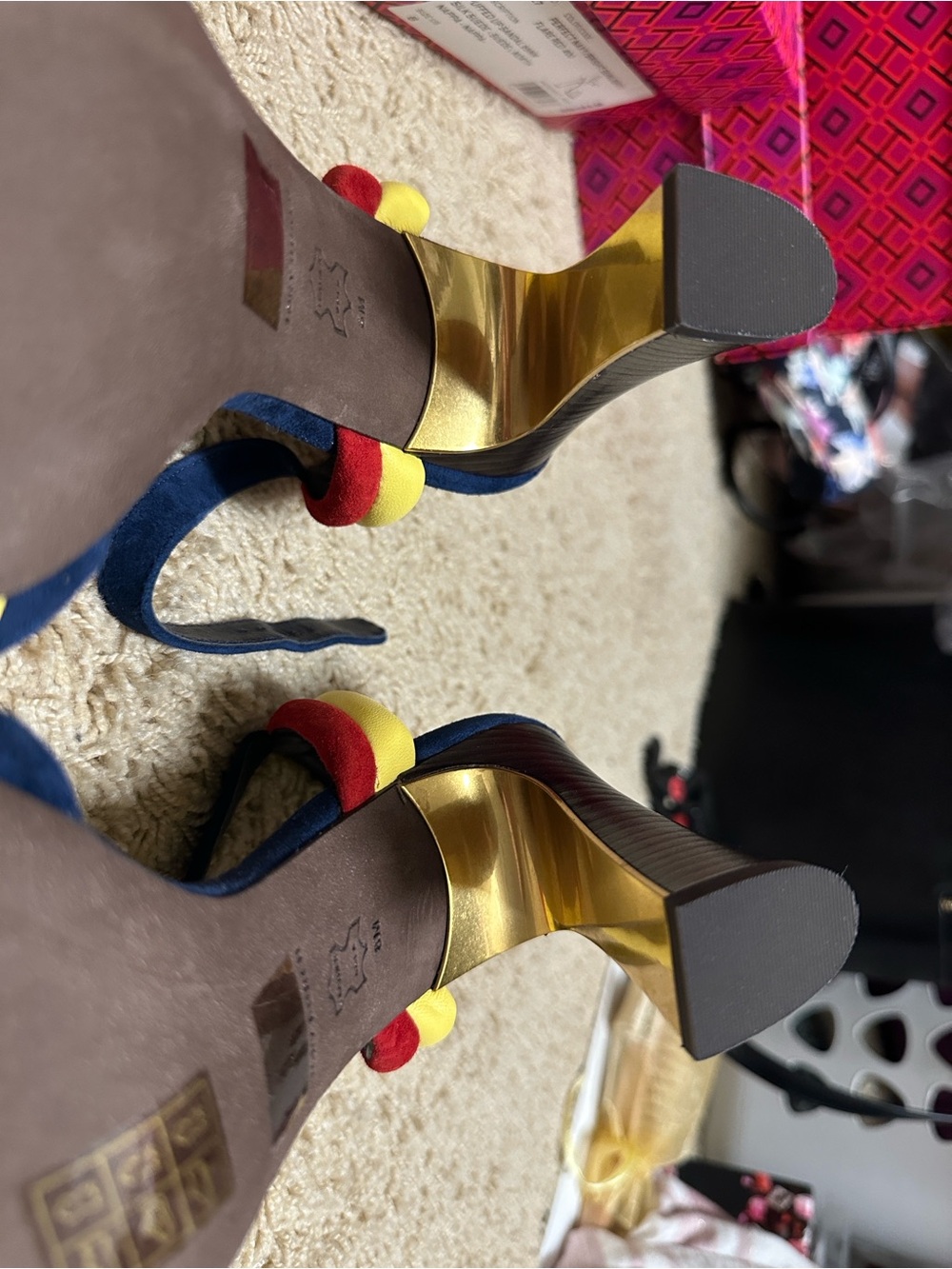 Tory Burch Tricolor Suede Ankle-Strap Heels in Red, Navy & Yellow - Picture 6 of 7